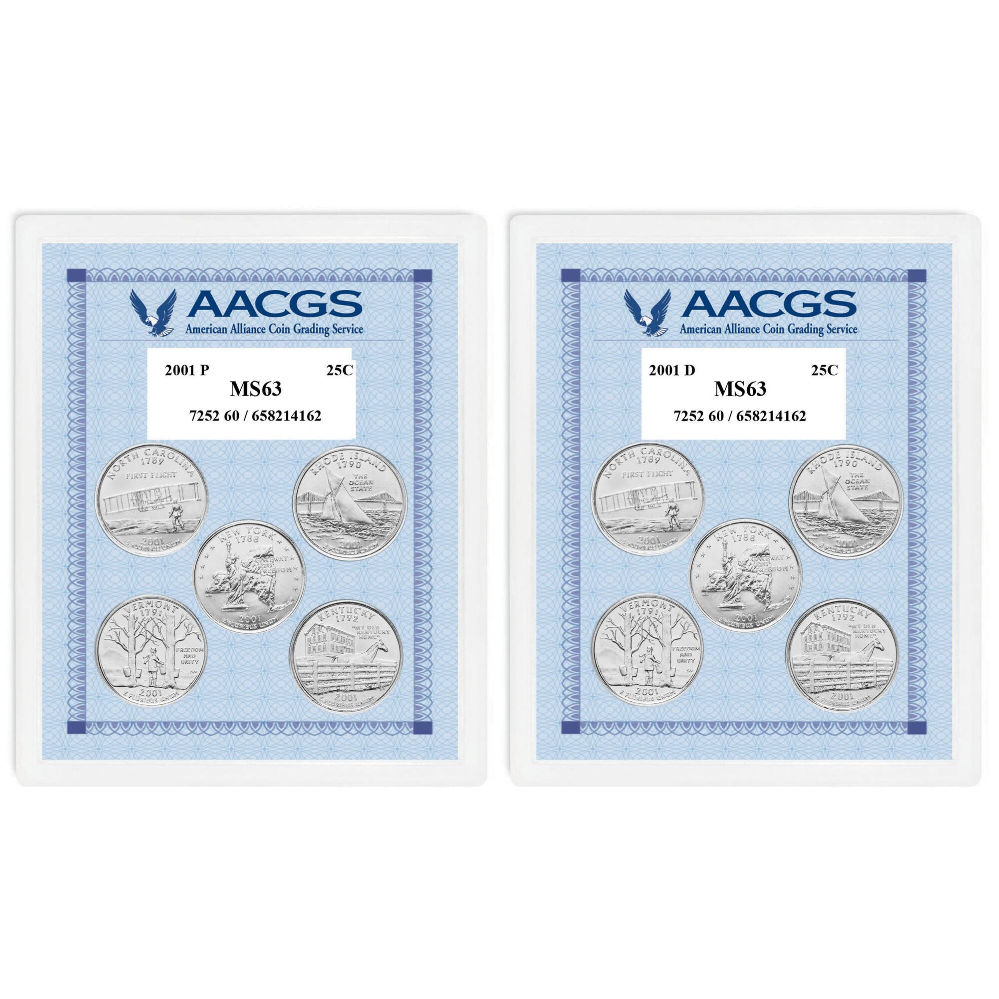2001P & 2001D Statehood Quarters Graded MS63 Brilliant Uncirculated